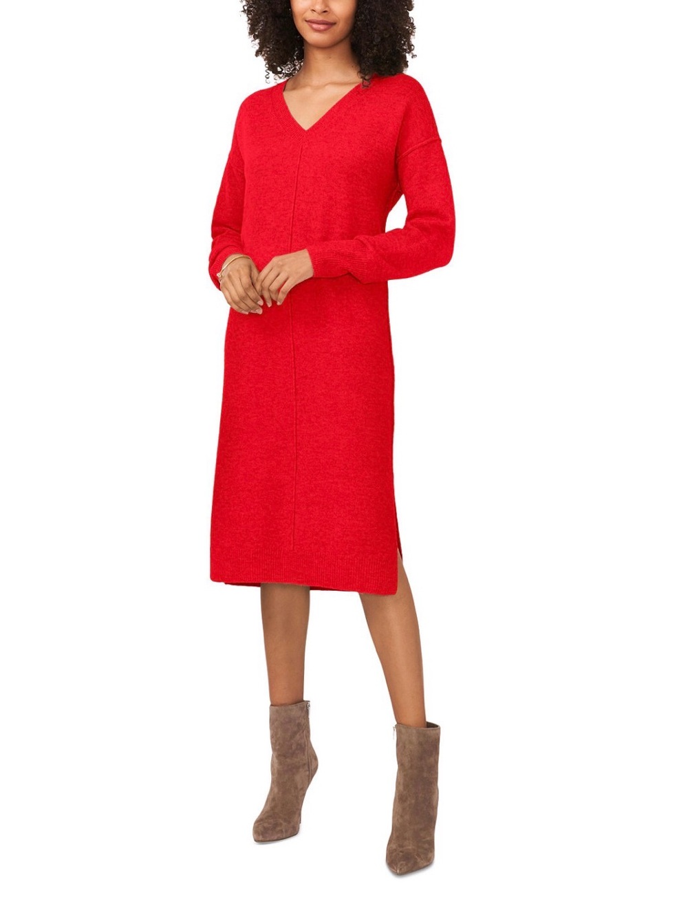 Vince Camuto Bold Red V-Neck Longline Sweater Dress